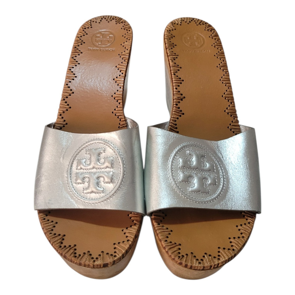 Tory Burch Patti Wedge Women Sandal Silver Leather Platform Wood Stitch Size 9.5